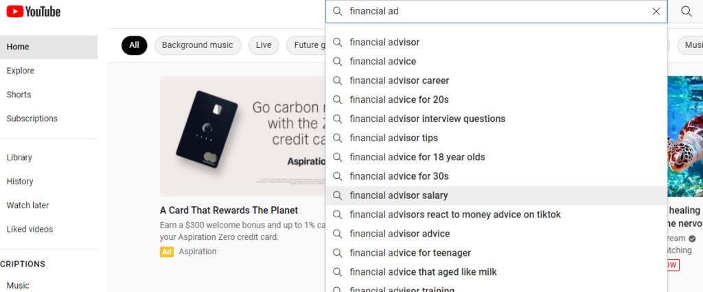 YouTube suggestions screenshot