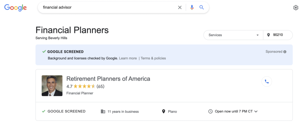 Financial advisor search result