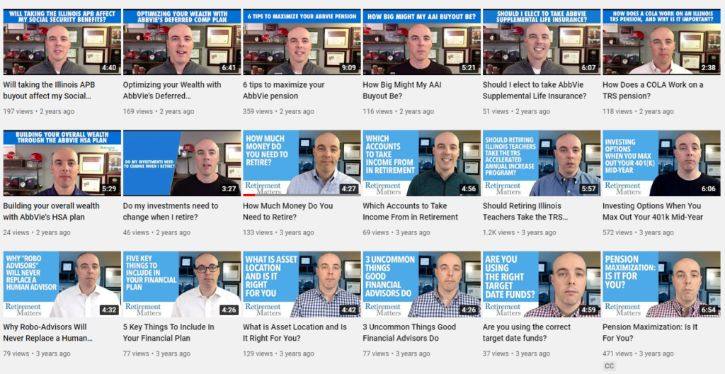 The Retirement Matters Inc Youtube video catalog