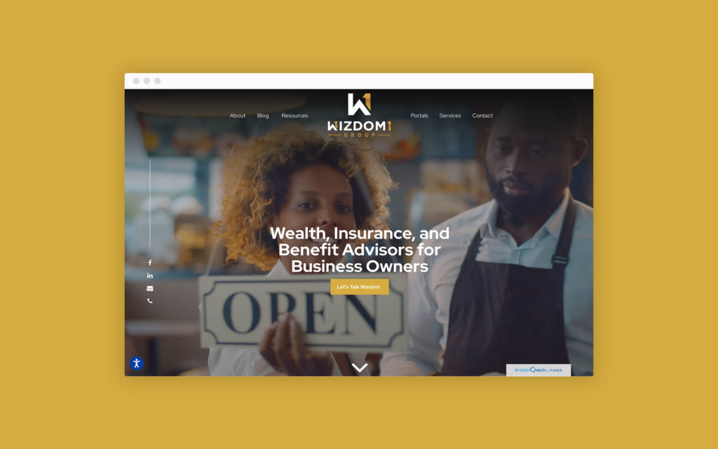 Wizdom1's homepage that shows a CTA and navigational tabs