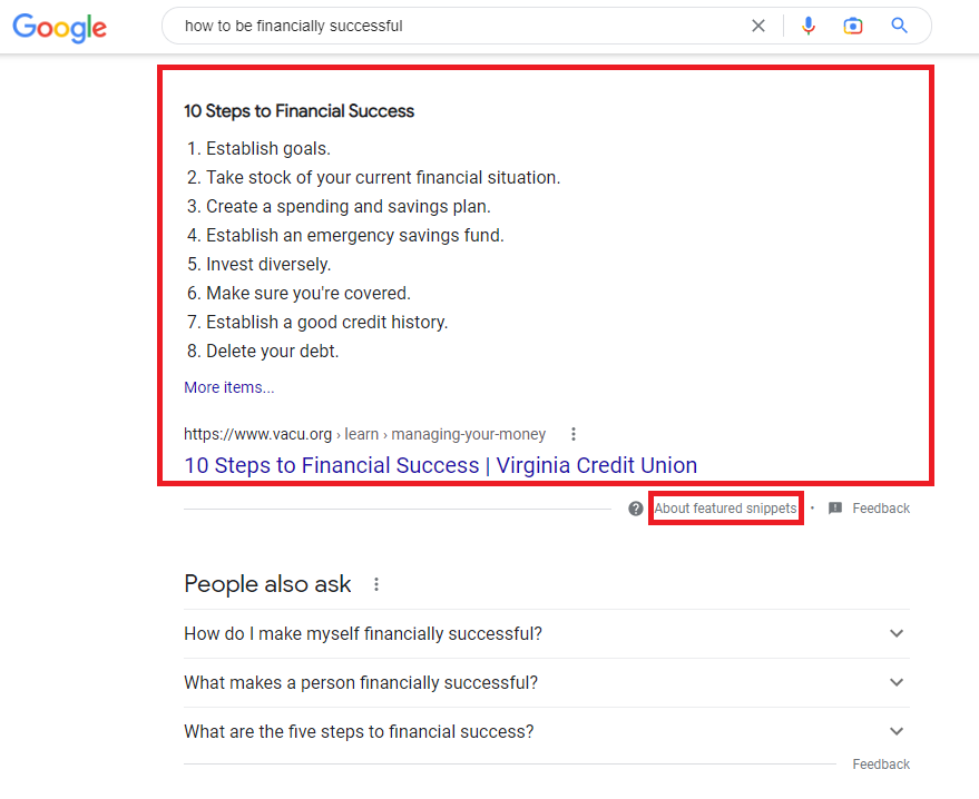 Features snippet on google search results